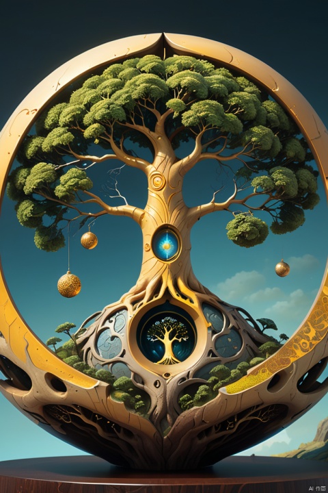 Close-up of a tree sculpture with a ball in the middle, tree of life inside the ball, dan mcpharlin, opulent, Fantasy Tree, golden sacred tree, Tree of Life, inspired by Vladimir Kush, Thomas Villatte is intricate, The Tree of Life, Intricate sculptures, World Tree, by Vladimir Kush, fantasy, artstation, artgerm, octane render, (best quality, masterpiece, Representative work, official art, Professional, 8k:1.3)