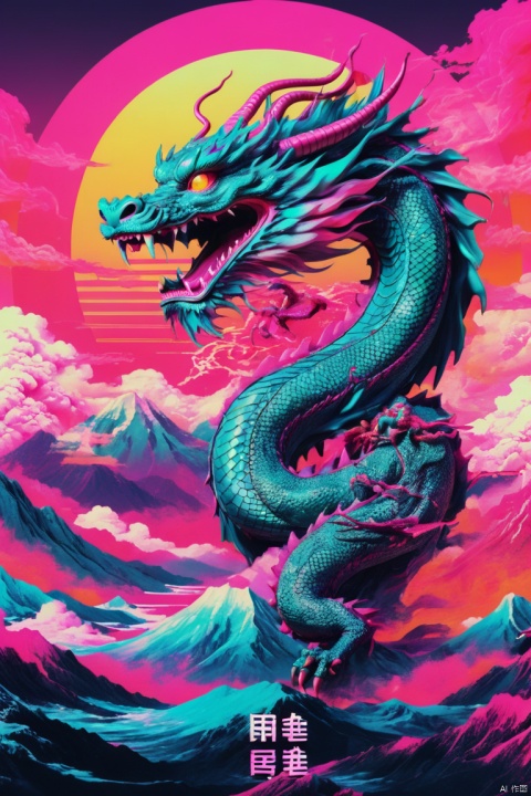chinese dragon, Vaporwave Aesthetic, image collage, retro elements, Glitch Art, text "New", panoramic view, Ultra high saturation, (best quality, masterpiece, Representative work, official art, Professional, 8k)