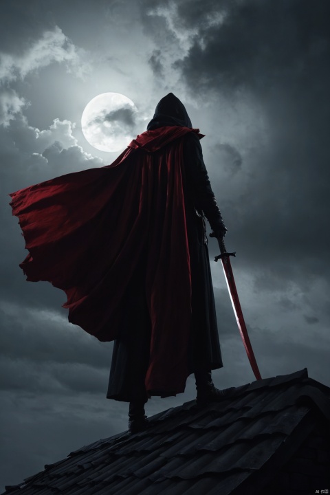 Death on the roof,cloak,Holding a red long sword,moonlight,Ominous Clouds, Dark fantasy illustration style , dark arts, High contrast, Dark Shadows, atmospheric perspective, Melancholic colors, Film composition, Volumetric Lighting, number, Brushstrokes, Dramatic Lighting, Low angle shot, Surrealism, Super detailed, Hyperrealism, (masterpiece, best quality, perfect composition, very aesthetic, absurdres, ultra-detailed, intricate details, Professional, official art, Representative work:1.3)