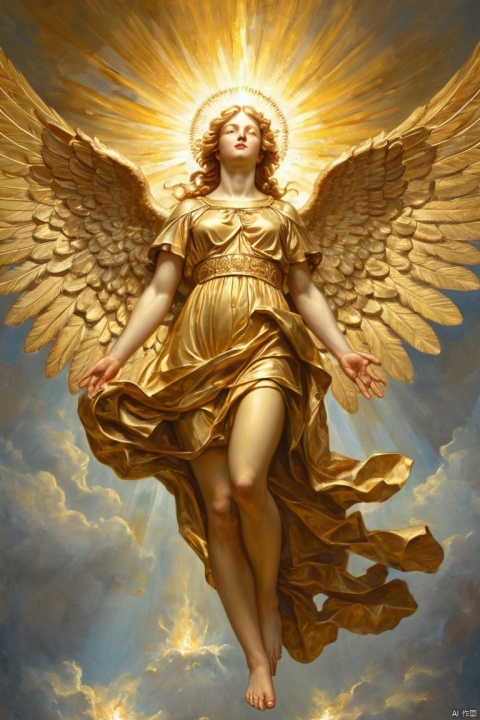 Gold Art, Guardian angel and the divine flame, amazing and impactful image, (masterpiece, best quality, perfect composition, very aesthetic, absurdres, ultra-detailed, intricate details, Professional, official art, Representative work:1.3)