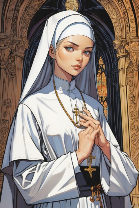 manga art style, beautiful young Nun, by Bart Sears, (masterpiece, best quality, perfect composition, very aesthetic, absurdres, ultra-detailed, intricate details, Professional, official art, Representative work:1.3)
