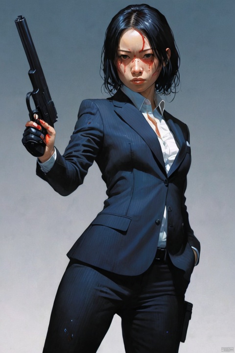 Domestic 007,black suit,Cute, slim, young and hot female agent, battle scars, (wearing a suit), holding a gun, San Diego Red Circle, red light and blue light, Very detailed, Ray tracing, number, concept art, Smooth, sharp focus, illustration, Katsuya Terada's work, Murata Art Series, The Art of Ajman, (best quality, masterpiece, Representative work, official art, Professional, Ultra intricate detailed, 8k:1.3)