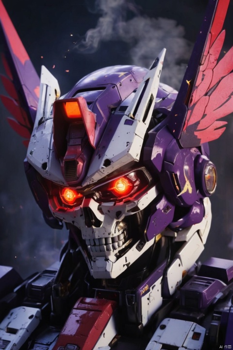 Gundam with a skull face, in a mecha anime style, inside the Gundam cockpit, flames and smoke coming out from underneath, the colors are dark purple, red and black, there is an emblem made up of two wings at its center, with vibrant colors and high contrast. The whole scene gives off a sense of power and intensity, with neon lights adding to the futuristic atmosphere, (masterpiece, best quality, perfect composition, very aesthetic, absurdres, ultra-detailed, intricate details, Professional, official art, Representative work:1.3), Dream Homes