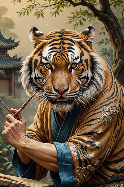 a ancient chinese man hold a brush, drawing a fierce tiger, (best quality, masterpiece, Representative work, official art, Professional, Ultra intricate detailed, 8k:1.3)