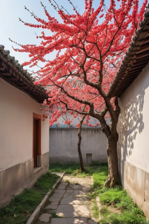 The spring scenery fills the closed yard, only see a red apricot tree comes out of the wall, (masterpiece, best quality, perfect composition, very aesthetic, absurdres, ultra-detailed, intricate details, Professional, official art, Representative work:1.3)