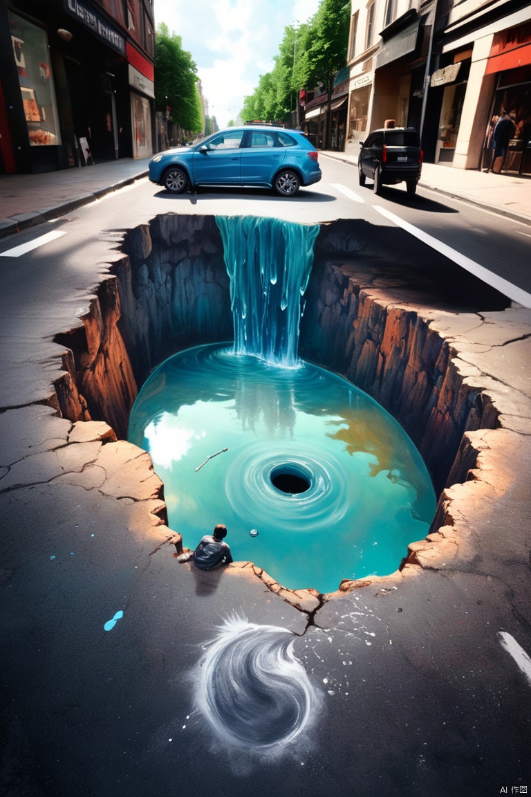 a street artist has painted a completely realistic hole full of water in the middle of a street, the artist with chalk in hand is kneeling beside it. Epic cinematic brilliant stunning intricate meticulously detailed dramatic atmospheric maximalist digital matte painting, intricate, (best quality, masterpiece, Representative work, official art, Professional, 8k)