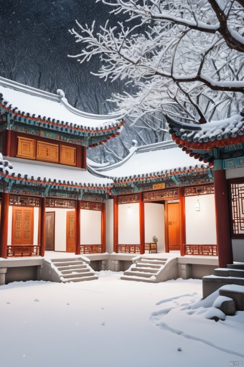 snow flew in last night. pure white cover chinese courtyard, (masterpiece, best quality, perfect composition, very aesthetic, absurdres, ultra-detailed, intricate details, Professional, official art, Representative work:1.3)