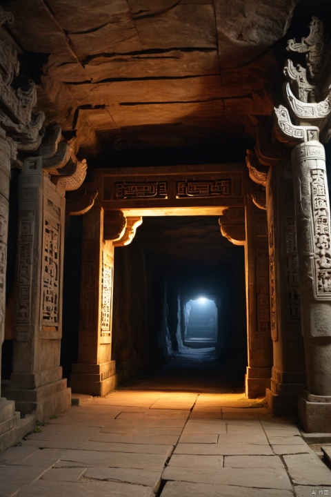 Mysterious East, underground tomb,underground tomb,Magnificent and spacious majestic landscape,Chinese sedan,dim lights,intricately carved stone walls,The mysterious atmosphere is scary,Supernatural powers, enhance, intricate, (best quality, masterpiece, Representative work, official art, Professional, 8k)