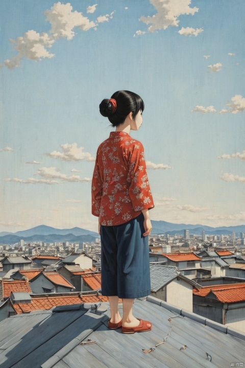 Person Standing on the Rooftop, by Yoshitomo Nara, (masterpiece, best quality, perfect composition, very aesthetic, absurdres, ultra-detailed, intricate details, Professional, official art, Representative work:1.3)