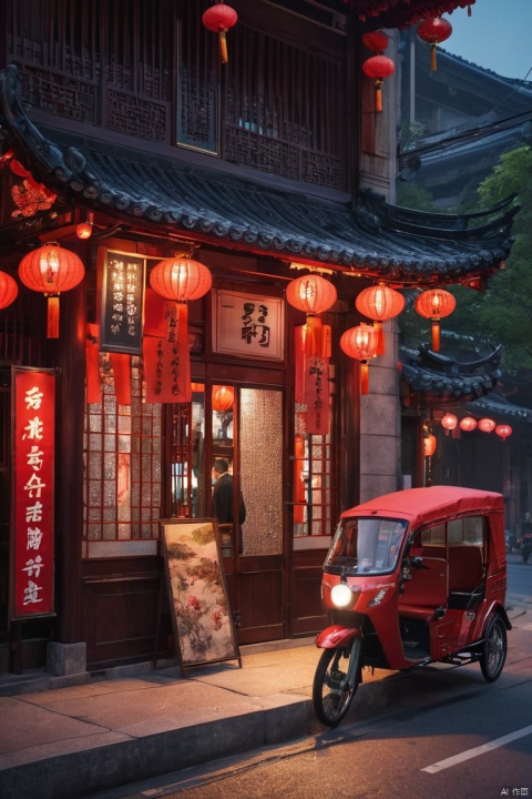 republic,restaurant,cheongsam,Regal,Streets at night,pedestrians,stores,Small vendors,rickshaw,sedan chair, Red Lantern, (masterpiece, best quality, perfect composition, very aesthetic, absurdres, ultra-detailed, intricate details, Professional, official art, Representative work:1.3)