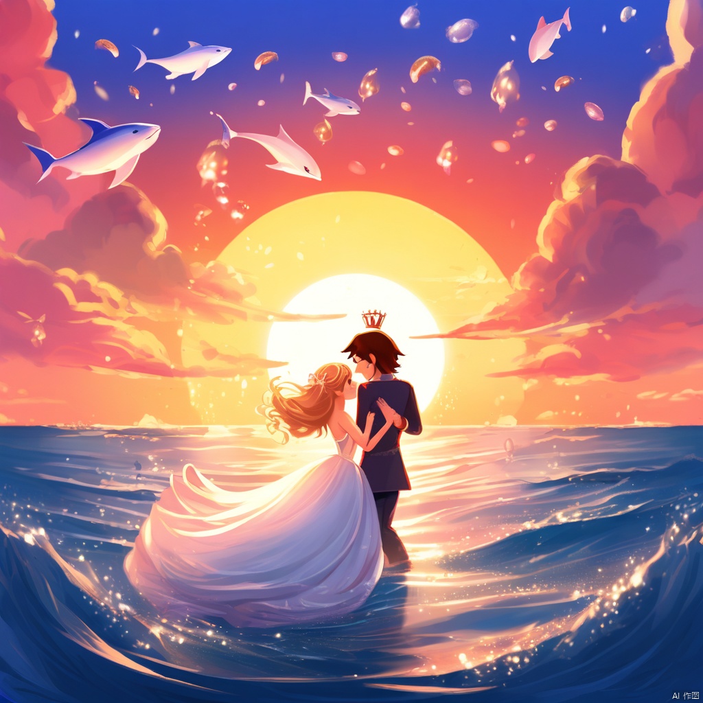 在一轮红日的见证下,人鱼公主与她的爱人,在波光粼粼的海面上举行了一场浪漫的婚礼,海豚作为见证者跳跃欢呼,海螺号角吹响幸福的乐章