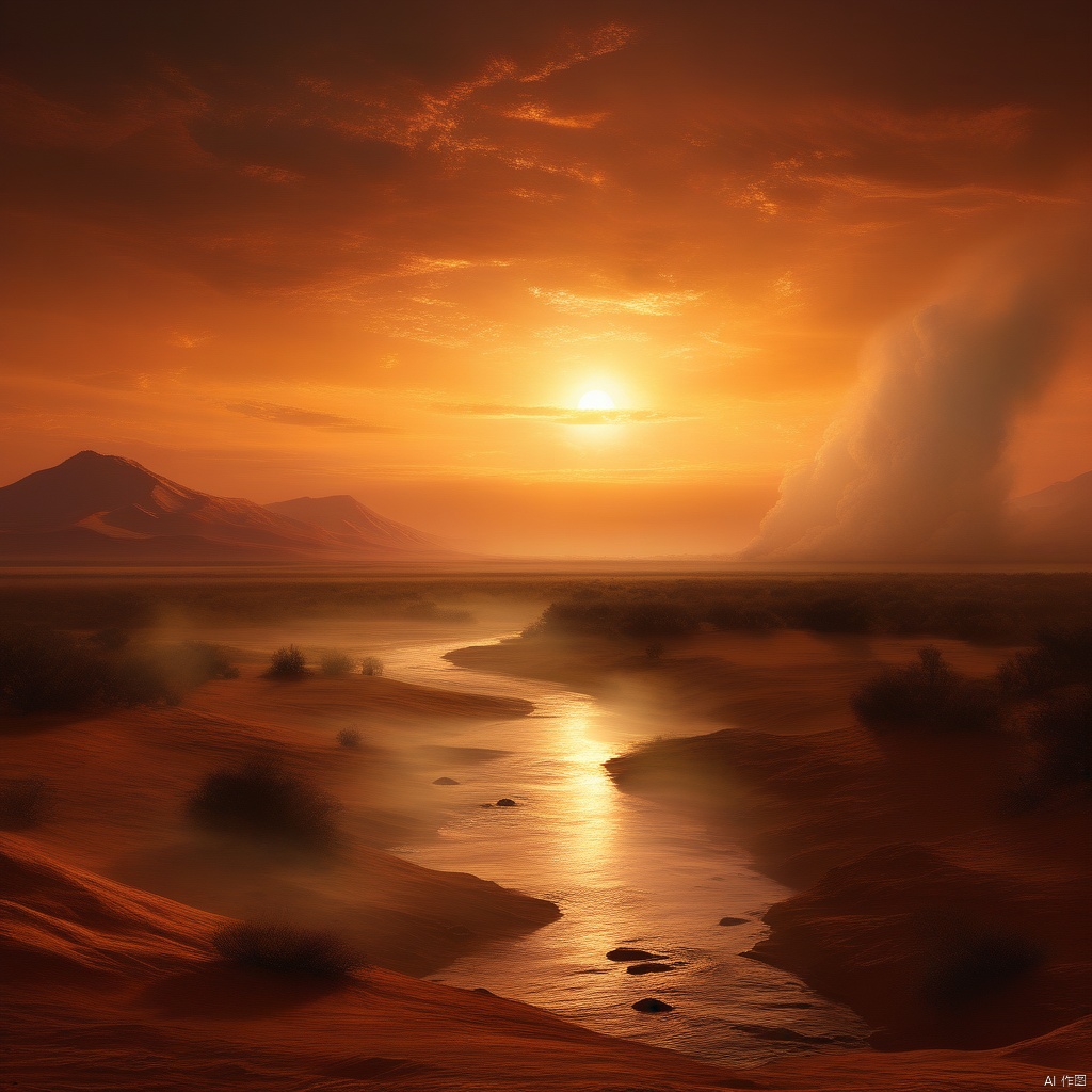 The solitary smoke in the desert rises straight, and the long river sets with the sun