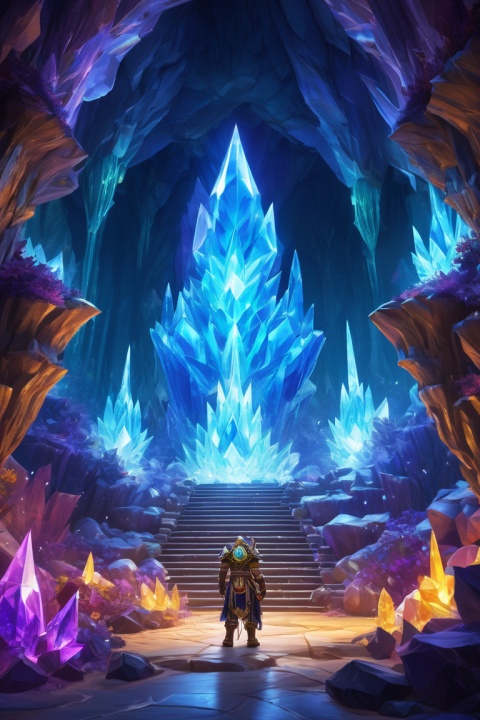 (Crystal Caves:1.4), Luminous Crystals, Blademaster, World of Warcraft, epic fantasy, detailed composition, enhance, intricate, (best quality, masterpiece, Representative work, official art, Professional, unity 8k wallpaper:1.3)