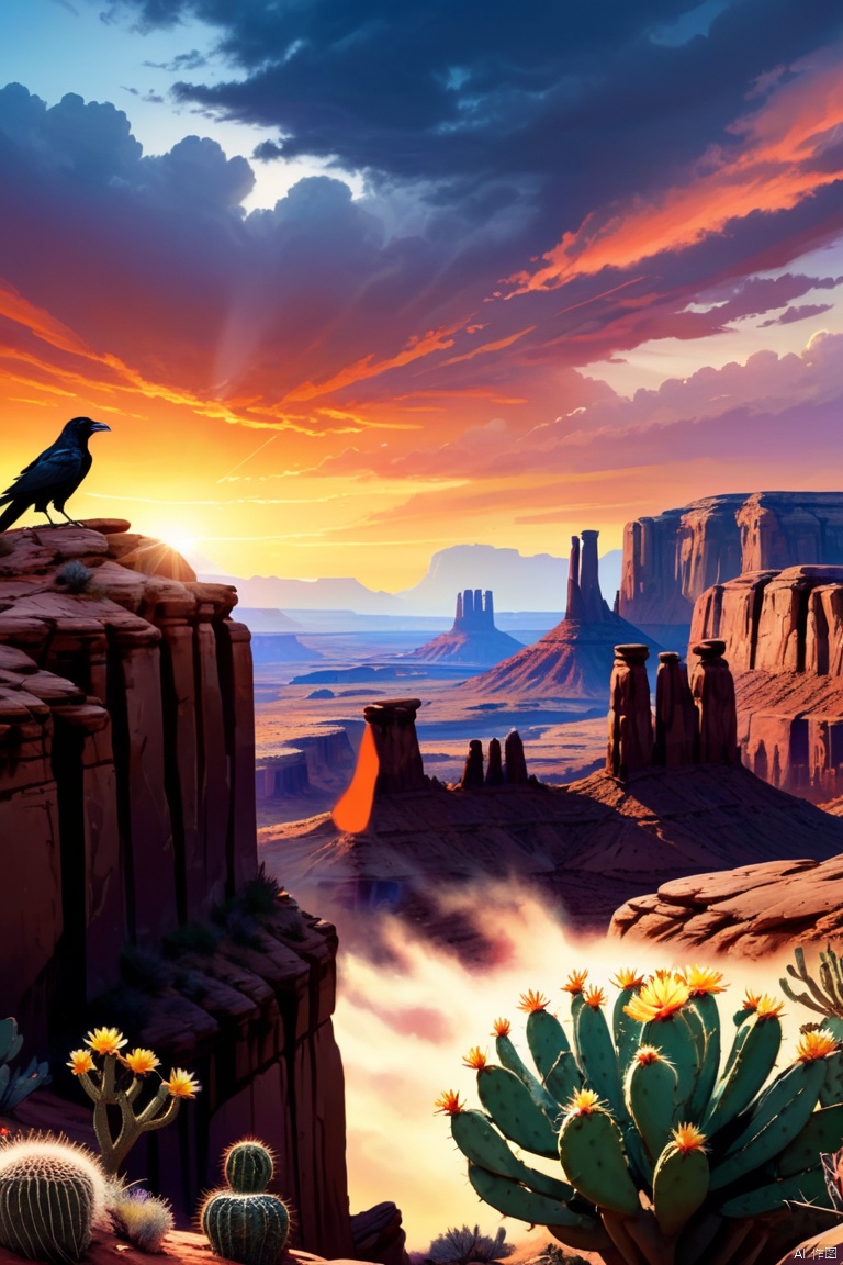 A Canyonlands national park sunset; Moab, ravens, cacti in bloom, dramatic sky and sunset, cinematic quality, high detailed landscape. intricate details, HDR, beautifully shot, hyperrealistic, sharp focus, 64 megapixels, perfect composition, high contrast, cinematic, atmospheric, moody. detailed matte painting, deep color, fantastical, intricate detail, splash screen, complementary colors, fantasy concept art, enhance, intricate, (best quality, masterpiece, Representative work, official art, Professional, unity 8k wallpaper:1.3)