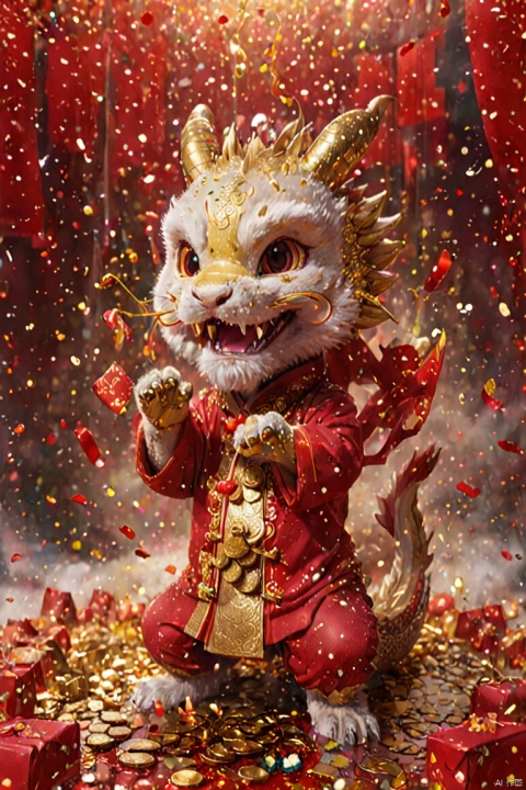 Chinese New Year, oriental dragon, cute dragon cub, big furry head, red clothes, bowing, make a bow with hands folded in front. Gold coin rain, Many gold coins burst out, Red and gold confetti, firecrackers, strong festive atmosphere, panoramic view, Ultra high saturation, (best quality, masterpiece, Representative work, official art, Professional, 8k)