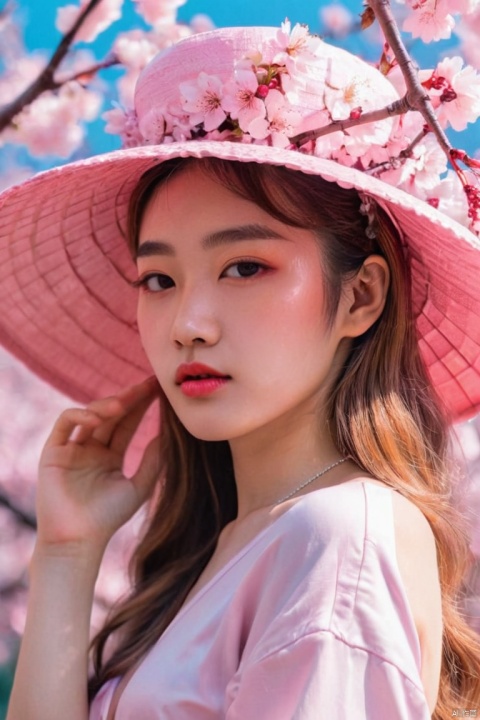 Vaporwave Aesthetic, Beautiful girl wearing cherry blossom hat, by Gurwitz, artistic creativity, (best quality, masterpiece, Representative work, official art, Professional, Ultra intricate detailed, 8k:1.3)