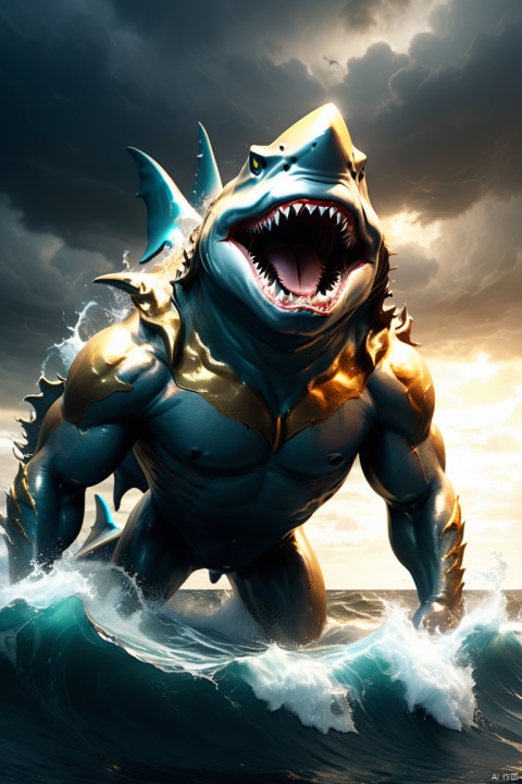 close up of a sea god riding a shark, mythology, divine power, majestic ocean waves, golden trident, shimmering scales, dynamic pose, stormy atmosphere, rippling muscles, endless horizon, oceanic realm, intense gaze, strong current, living force, dreadnought shark partner, ultra-wide-angle, octane render, enhance, intricate, (best quality, masterpiece, Representative work, official art, Professional, 8k:1.3)