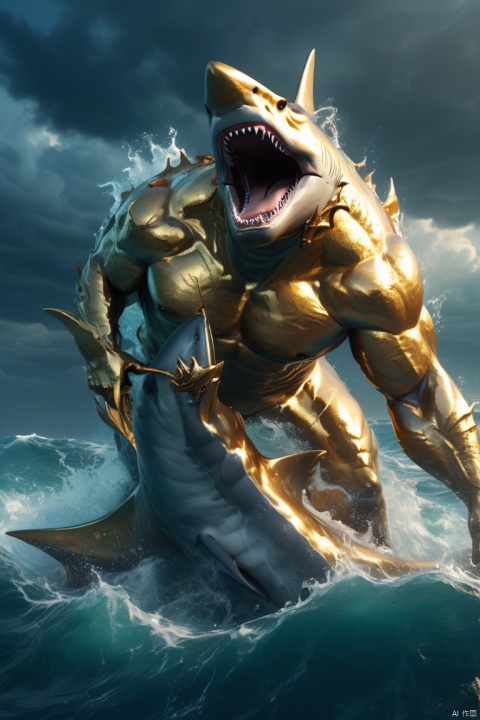 close up of a sea god riding on a shark, mythology, divine power, majestic ocean waves, golden trident, shimmering scales, dynamic pose, stormy atmosphere, rippling muscles, endless horizon, oceanic realm, intense gaze, strong current, living force, dreadnought shark partner, ultra-wide-angle, octane render, enhance, intricate, (best quality, masterpiece, Representative work, official art, Professional, 8k:1.3)