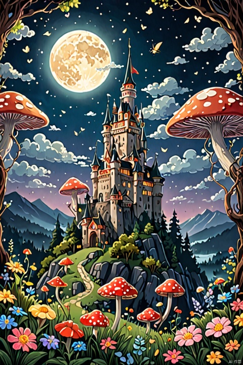 high castle,(Swirling clouds and colorful flowers), (forest fireflies fantasy korean mushroom castle kingdom), (midnight), (Irregular), (mysterious), (ridiculous), dreamy, disney, t shirt design, vector, (masterpiece, best quality, perfect composition, very aesthetic, absurdres, ultra-detailed, intricate details, Professional, official art, Representative work:1.3)
