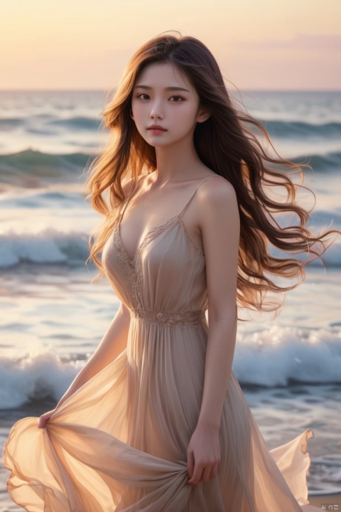 1girl,kawaii,detailed face,looking at viewer,focused,intricate,elegant,highly detailed,dynamic lighting BREAK long hair flows gracefully in the gentle sea breeze,the fading sunlight casts a warm, ethereal glow on the scene. She is wearing a flowing, light-colored dress that ripples in the wind. The waves gently kiss the shore in the background, and there's a sense of tranquility in the air. The overall atmosphere should evoke a feeling of serenity and beauty, (High detail, photograph, realistic), (best quality, masterpiece, Representative work, official art, Professional, 8k:1.3)