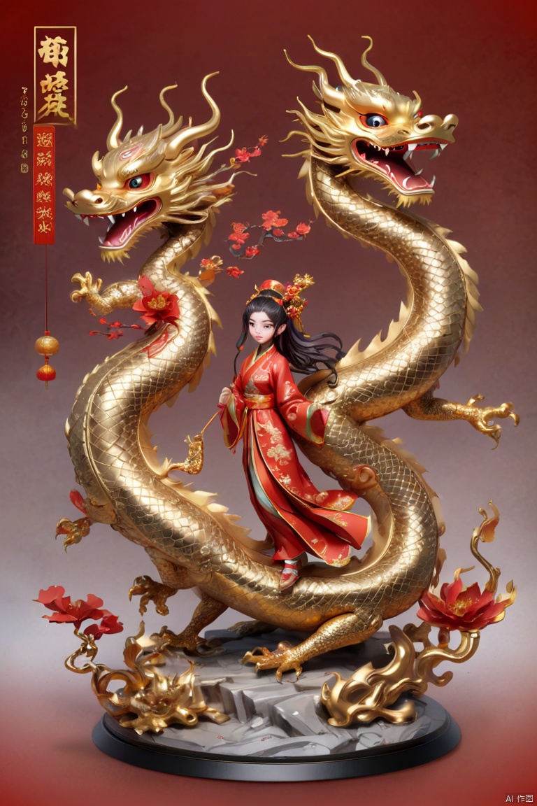 Chinese Dragon with Blind Box Girl, chinese new year style, eastern elements, (best quality, masterpiece, Representative work, official art, Professional, Ultra high detail, 8k:1.3)