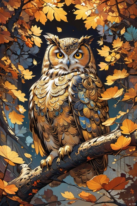 painting of a owl on the branches, leaves and gold foil in different sizes, painted in the style of Jean Maris, autumn themed, blend art, mixture art, design art, (masterpiece, best quality, perfect composition, very aesthetic, absurdres, ultra-detailed, intricate details, Professional, official art, Representative work:1.3)