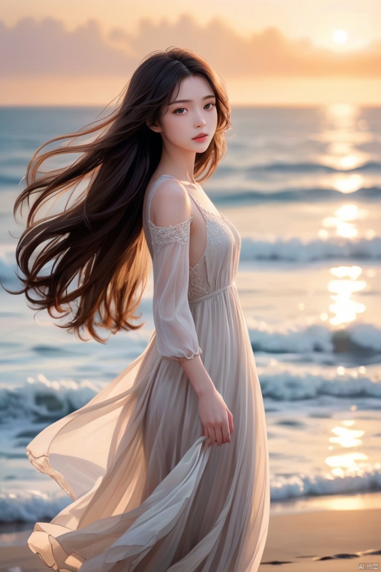 1girl,kawaii,detailed face,looking at viewer,focused,intricate,elegant,highly detailed,dynamic lighting BREAK long hair flows gracefully in the gentle sea breeze,the fading sunlight casts a warm, ethereal glow on the scene. She is wearing a flowing, light-colored dress that ripples in the wind. The waves gently kiss the shore in the background, and there's a sense of tranquility in the air. The overall atmosphere should evoke a feeling of serenity and beauty, (High detail, photograph, realistic), (best quality, masterpiece, Representative work, official art, Professional, 8k:1.3)