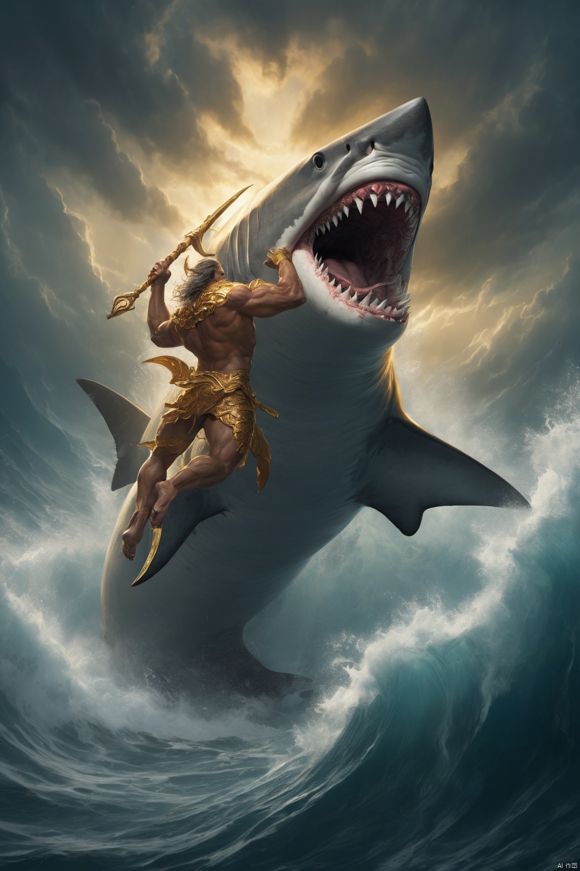  a sea god riding on a shark, mythology, divine power, majestic ocean waves, golden trident, shimmering scales, dynamic pose, stormy atmosphere, rippling muscles, endless horizon, oceanic realm, intense gaze, strong current, living force, dreadnought shark partner