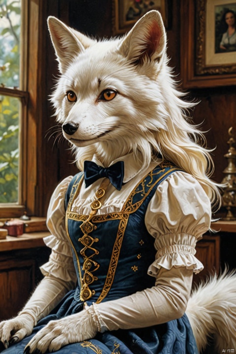 by Bob Byerley, white fox, (best quality, masterpiece, Representative work, official art, Professional, Ultra intricate detailed, 8k:1.3)