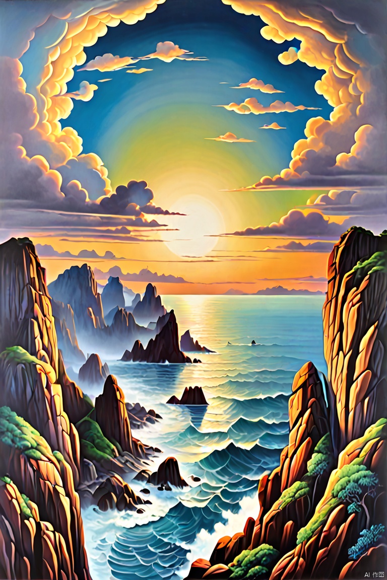 Metamorphic painting by Octavio Ocampo, Art Deco style, rock landscape, clouds and sea form silhouettes of a girl, panoramic, Ultra high saturation, bright and vivid colors, intricate, (best quality, masterpiece, Representative work, official art, Professional, 8k)