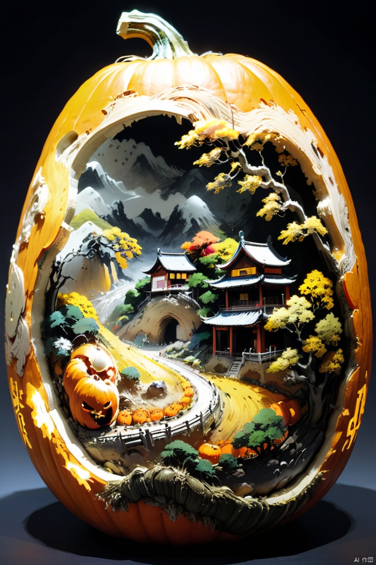 Carving a Chinese rural scene on a pumpkin, by Katsuhiro Otomo and Yoji Shinkawa, octane render, (best quality, masterpiece, Representative work, official art, Professional, 8k:1.3)