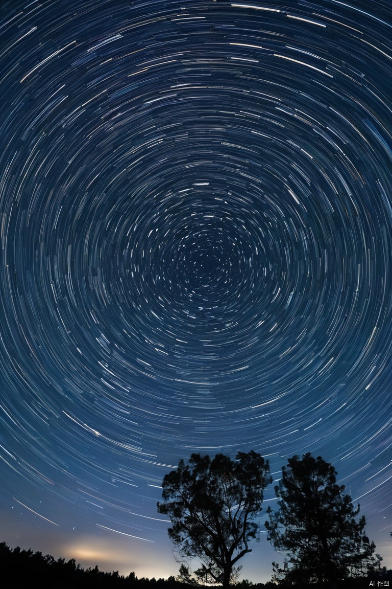 Star trails swirling in night sky, circular motion centered around a celestial pole, long-exposure astrophotography, silhouettes of treetops framing the bottom, natural hues escalating from deep blue to black, cosmic tableau, the infinite dance of celestial bodies, cosmic rotation captured through time lapse, the harmony of the universe showcased in a single frame, a testament to the earth's rotation, the beauty of the night sky adorned with starry luminance, (masterpiece, best quality, perfect composition, very aesthetic, absurdres, ultra-detailed, intricate details, Professional, official art, Representative work:1.3)