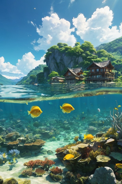 (ultra high res:1.4), (masterpiece), (beautiful lighting:1.4) , lush greenery and mountains, Bright sunlight illuminates the crystal-clear water, (deep underwater), anime, half above water and half below water , (clear underwater), beautiful sky with clouds, fish , depth, small yellow, costal village, (masterpiece, best quality, perfect composition, very aesthetic, absurdres, ultra-detailed, intricate details, Professional, official art, Representative work:1.3)