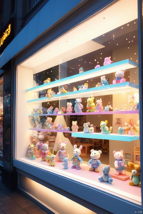 Close-up of display window seen from outside.A variety of fun toys are displayed in the toy store window.Trinkets.Decorated with tiny shiny LED lights, small factory, pastel colors, white tone pictures.cold light, beautiful, Personalized display window, Romantic and refreshing, mitigate, a bench outside the window. Long elegant white transparent window, HDR, UHD, (best quality, masterpiece, Representative work, official art, Professional, 8k wallpaper:1.3)