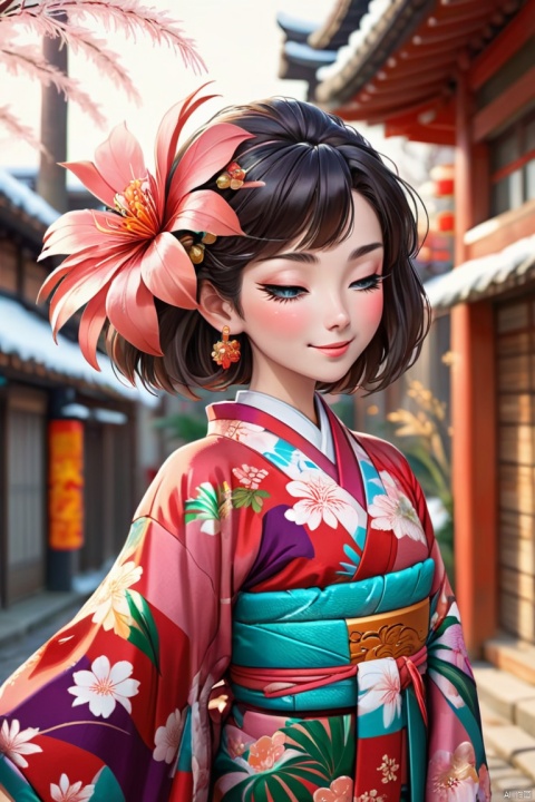 1girl, (bringing palms together (in front of face)), (vibrant kimono) flower ornament, mature female, blush light smile, (eyes lightly closed), (New Year's Day), winter, bricks road, crowded, enhance, intricate, (best quality, masterpiece, Representative work, official art, Professional, unity 8k wallpaper:1.3)