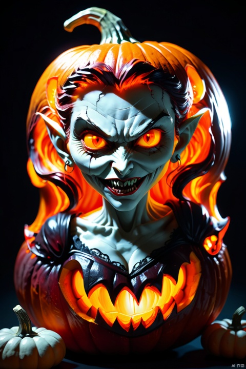 Pumpkin art of female vampire count carved from pumpkin, glowing red eyes, by Gazelli, octane render, (best quality, masterpiece, Representative work, official art, Professional, 8k:1.3)