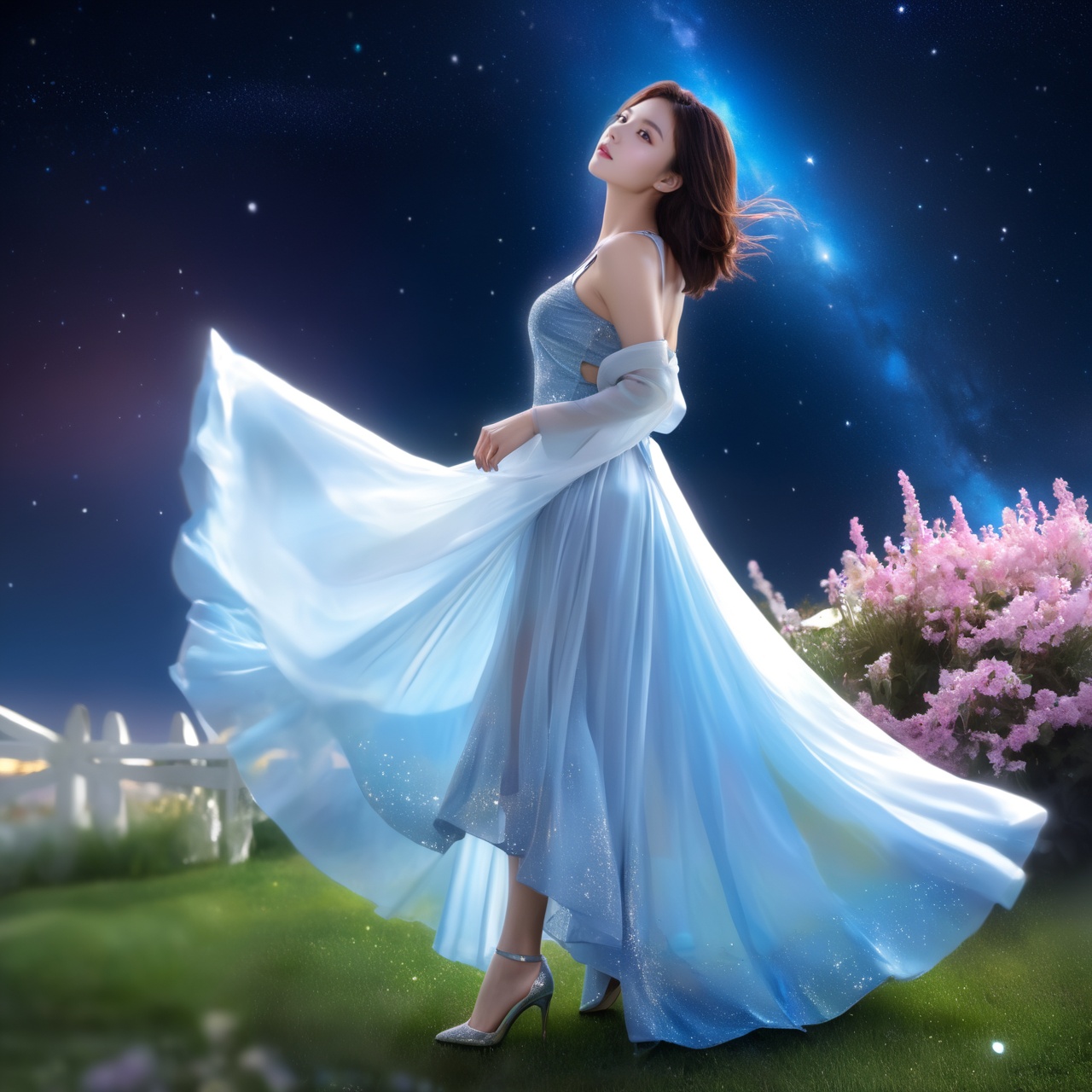 sheer dress, glint sparkle, 1girl, sexy, erotic_pose, sensual_pose, flirting, (masterpiece, best quality, official art, beautiful and aesthetic, photorealistic:1.3), far_moon, starry_sky, meteor shower, (wind blowing:1.3), flower blooming, flower garden, vivid colors, High-Heels, short skirts, solo, extremely detailed, CG unity 8k wallpaper, (Nikon AF-S NIKKOR 35mm f/1.4G), Starry Sky Skirt ,hanfu,chinese cloths