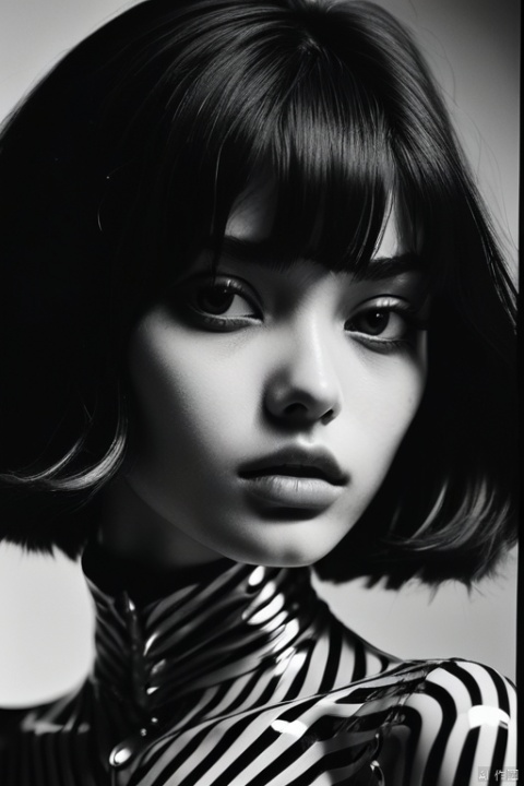 professional monochrome photograph of a platinum brunette Italian 18 year old fashion model by Daido Moriyama, bold lines, hyper detailed, dark limited palette, chiaroscuro, mesmerizing, Futurism Art Style, dynamic pose, (best quality, masterpiece, Representative work, official art, Professional, Ultra intricate detailed, 8k:1.3)