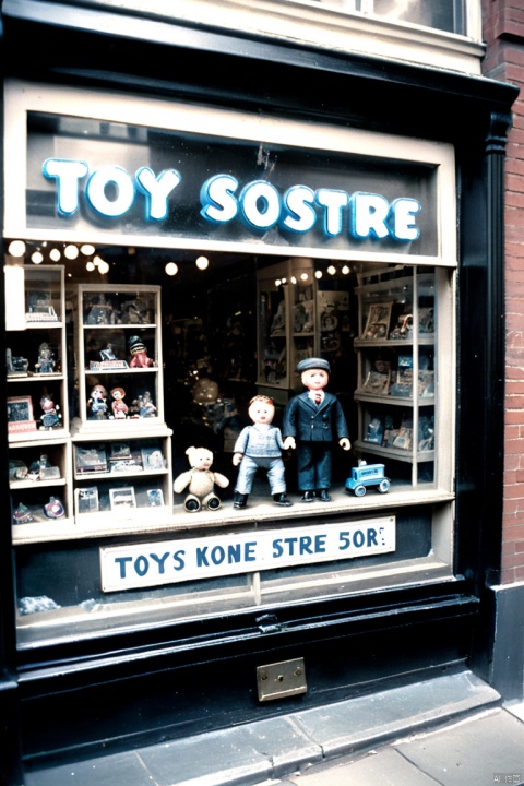 An old black-and-white photograph from the 1930s era, which captures (Toy Store Window Display), a showcase with toys in a toy store behind glass, the text "TOY STORE", Zeiss Ikon Ikonta 520/2, type 130 film, frame size 60 x 90 mm, Tessar 4.5/105 mm, antique photo paper, old worn photography, scuffs and scratches, photography spoiled by time, HDR, UHD, (best quality, masterpiece, Representative work, official art, Professional, 8k wallpaper:1.3)