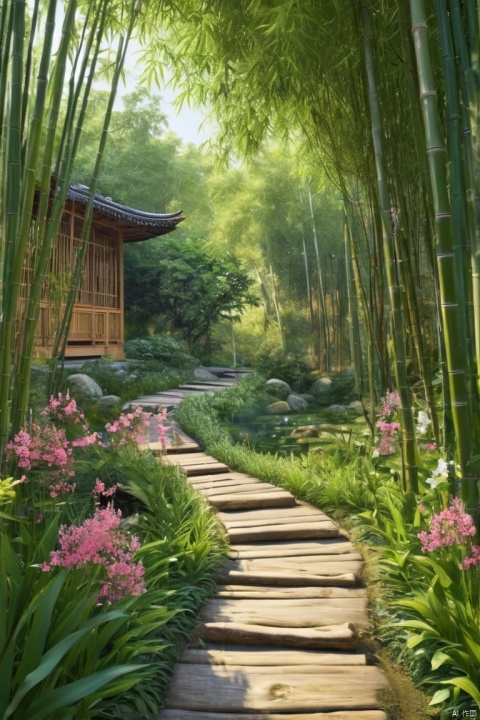 The bamboo path leads to a secluded place, and the meditation room is filled with deep flowers and trees, (masterpiece, best quality, perfect composition, very aesthetic, absurdres, ultra-detailed, intricate details, Professional, official art, Representative work:1.3)