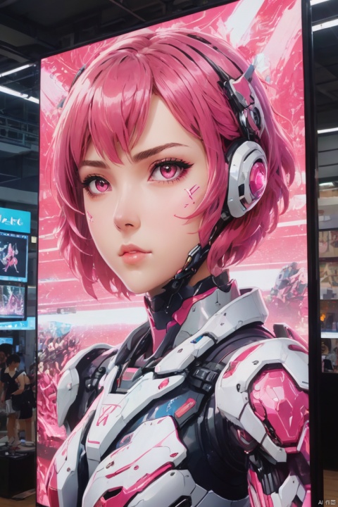 a mecha girl painted on tv screen, Pink parted short hair, pink eyes, Rugby gymnasium, billboard, panoramic, Ultra high saturation, bright and vivid colors, intricate, (best quality, masterpiece, Representative work, official art, Professional, 8k)
