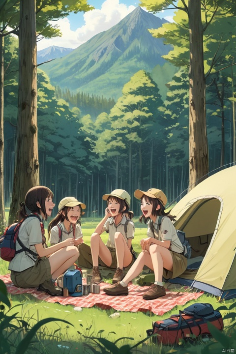 anime character, A lively camp scene, Earth-toned camping gear, Laughing, girls, Forest groves and grassland, (masterpiece, best quality, perfect composition, very aesthetic, absurdres, ultra-detailed, intricate details, Professional, official art, Representative work:1.3)