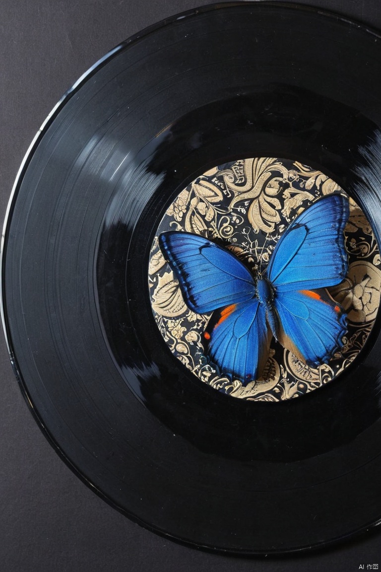 image of blue butterfly, image on Black vinyl record, cover design, package design, minimalism art, (masterpiece, best quality, perfect composition, very aesthetic, absurdres, ultra-detailed, intricate details, Professional, official art, Representative work:1.3)