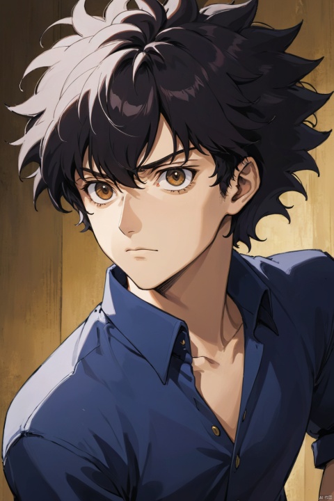 boy, Spike Spiegel, Cowboy Bebop, brown eyes, black hair, retro artstyle, 1990s style, oldest, disheveled hair, (masterpiece, best quality, perfect composition, very aesthetic, absurdres, ultra-detailed, intricate details, Professional, official art, Representative work:1.3)