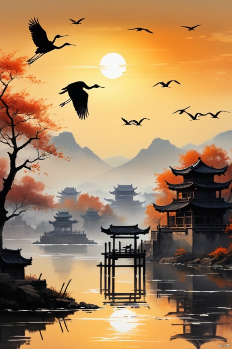 China ink painting,ink,The sunset and the solitary crane fly together,The autumn water is the same for a long time,The beauty of ancient poetry,the setting sun,Wild geese in the sky in the distance,Ancient buildings are scattered, (best quality, masterpiece, Representative work, official art, Professional, unity 8k wallpaper:1.3)