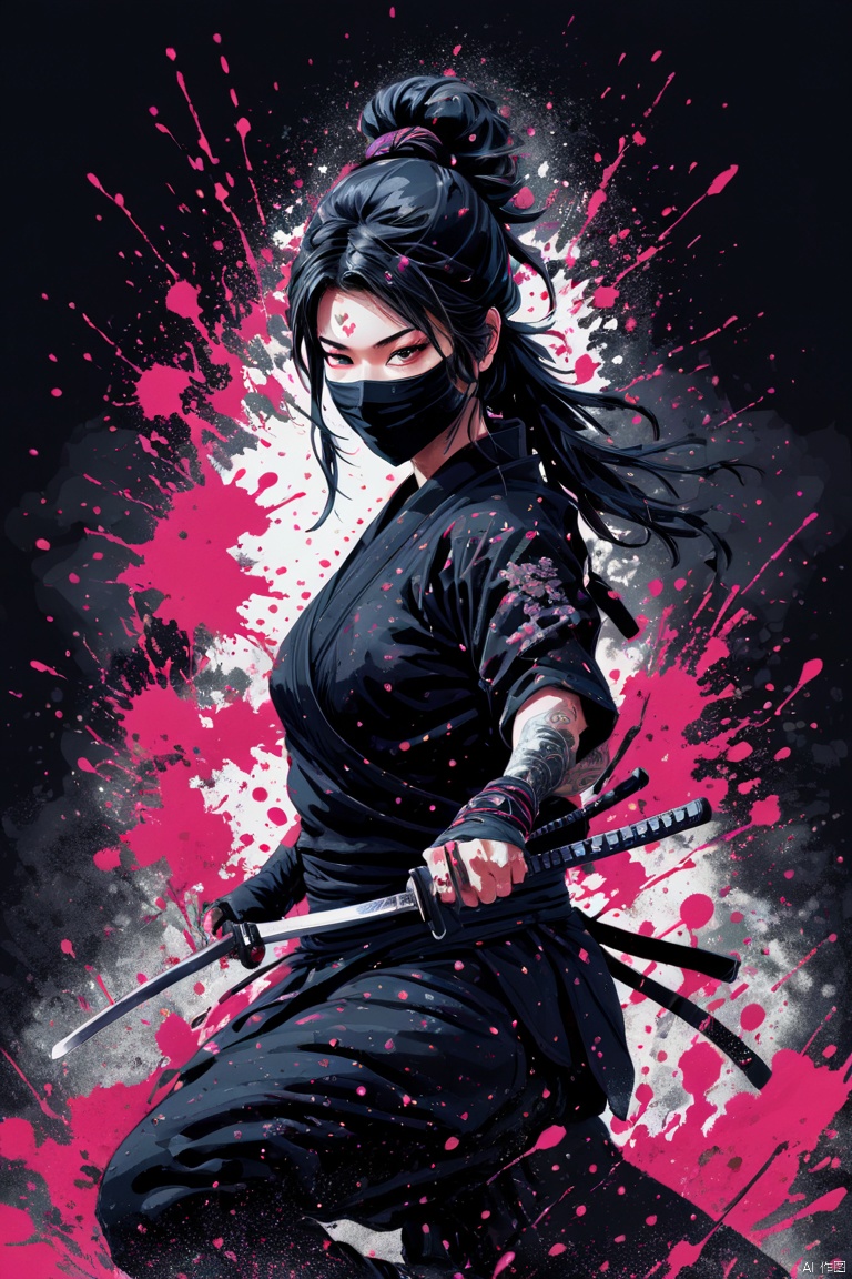 ink_splatter_art, darkest_insane_silhouette_illustration,intricate detail, extremely insane detail, Hyper_realistic, Female ninja, captivating composition, Female ninja silhouette, artistic interpretation, Japanese art decorations, dark decorations, each art detailed and rendered with a masterful gouache technique, silhoutte art behance, surreal, It gives an exotic aura, panoramic, Ultra high saturation, bright and vivid colors, intricate, (best quality, masterpiece, Representative work, official art, Professional, 8k)