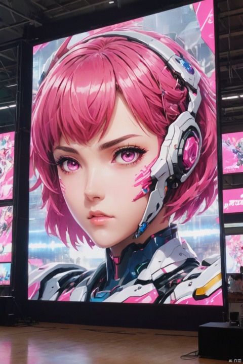 a mecha girl painted on billboard screen, Pink parted short hair, pink eyes, Rugby gymnasium, , public tv, stage, panoramic, Ultra high saturation, bright and vivid colors, intricate, (best quality, masterpiece, Representative work, official art, Professional, 8k)