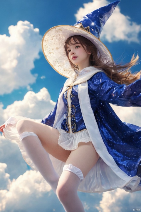 girl, solo, big wizard hat, robe made of galaxy, transparent, translucent, thighhighs, close up, face focus, (from above:1.1), flying, floating, blue sky, white clouds, horizon, scenery, fantasy, bokeh, depth of field, (masterpiece, best quality, perfect composition, very aesthetic, absurdres, ultra-detailed, intricate details, Professional, official art, Representative work:1.3)