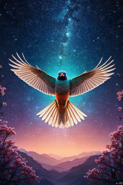 Symmetry, symmetrical, natural lighting, raw, rich, key visual, atmospheric lighting, a bird in flight against starry sky, mystical, magical, fantasy, dreamlike colors in the background, poster art style, (best quality, perfect masterpiece, byyue, Representative work, official art, Professional, high details, Ultra intricate detailed:1.3)