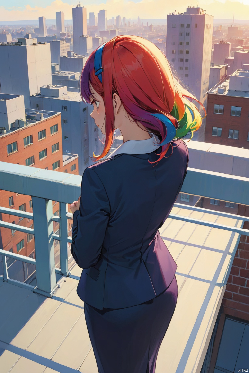 1lady standing, (back of head), (from behind), (leaning on rooftop railing), office worker outfit, mature female, BREAK, (vibrant rainbow:1.2) in the sky BREAK (rooftop of building), outdoors, railing, blue sky, cityscape, detailed background, (masterpiece, best quality, perfect composition, very aesthetic, absurdres, ultra-detailed, intricate details, Professional, official art, Representative work:1.3)